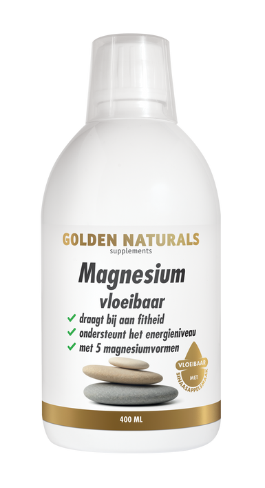 Golden Naturals Magnesium vloeibaar fles 600ml wit met gouden details en drie stenen logo.