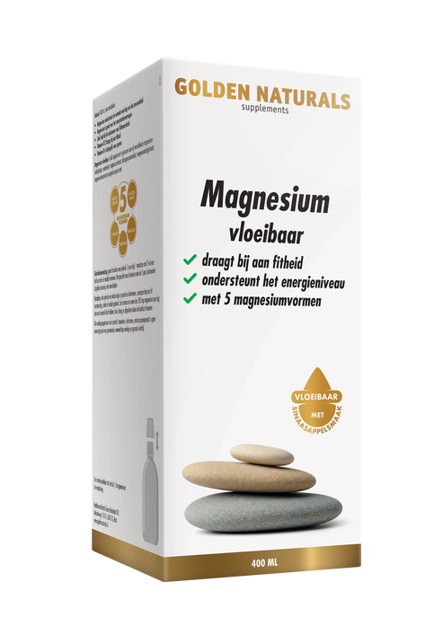 Golden Naturals Magnesium vloeibaar, wit doosje met gouden rand en drie stenen.