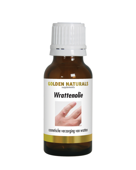 Golden Naturals Wrattenolie, donkere fles met witte deksel en gouden en zwarte etikettering.