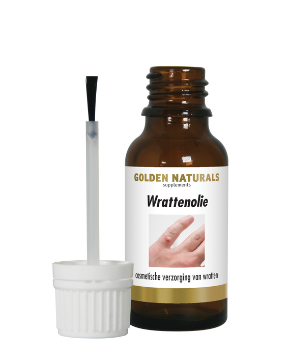 Golden Naturals Wrattenolie flesje met applicator, bruin glas, wit deksel en etiket.
