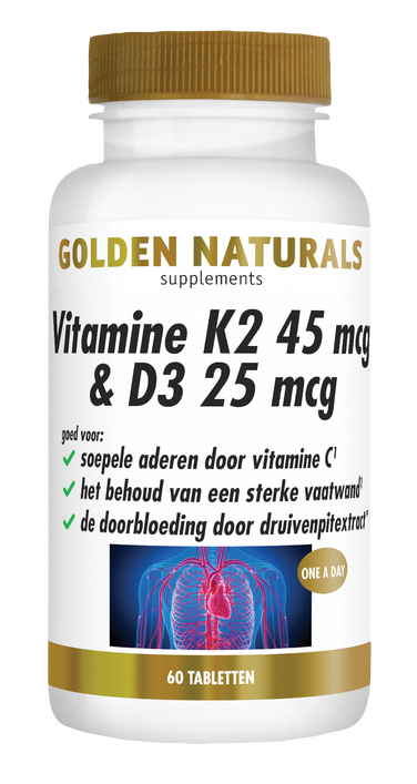 Golden Naturals Vitamine K2 45 mcg & D3 25 mcg supplement potje met 60 tabletten.