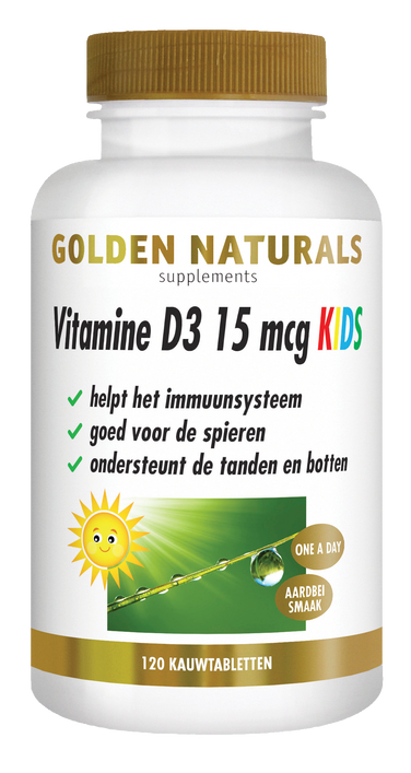 Golden Naturals Vitamine D3 15 mcg KIDS, witte fles met gouden deksel en label.
