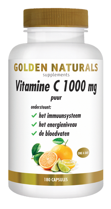 Golden Naturals Vitamine C 1000 mg puur, 180 capsules, wit flesje met gouden deksel en oranje illustratie.