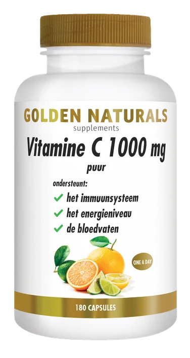 Golden Naturals Vitamine C 1000 mg puur, 180 capsules, wit flesje met gouden deksel en etiket