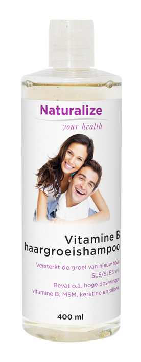 Naturalize Vitamine B-haargroeishampoo, 400ml, wit etiket, met afbeelding van man en vrouw.