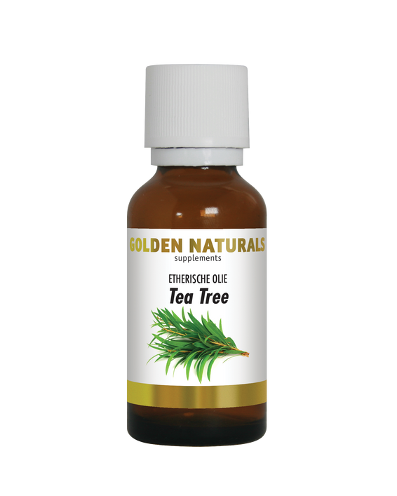 Golden Naturals Tea Tree olie, bruine fles met witte deksel en gouden label.