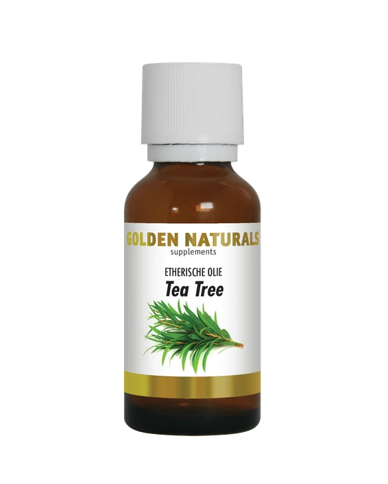 Golden Naturals Tea Tree olie, bruine fles met witte deksel en gouden streep op het label.