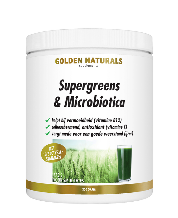 Golden Naturals Supergreens & Probiotica poeder, wit potje met groene gras en donkergroene drank.