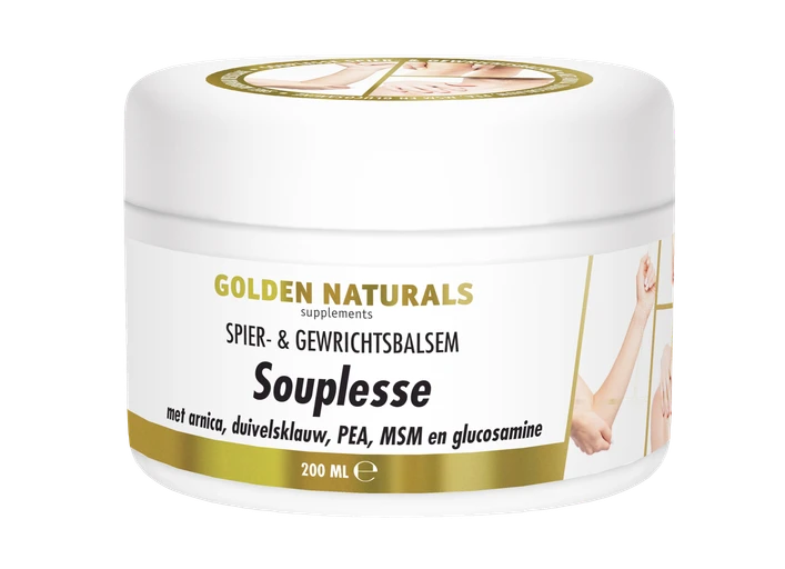 Golden Naturals Souplesse Spier- & Gewrichtsbalsem, witte pot met gouden deksel en label.