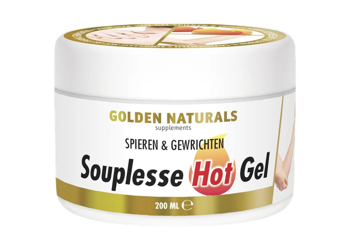 Golden Naturals Souplesse Hot Gel, wit potje met gouden deksel en label, 200ml.