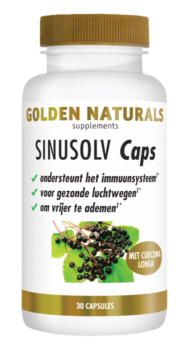 Golden Naturals SinuSolv Caps, 30 capsules, wit met gouden dop, supplementen voor sinussen en luchtwegen.