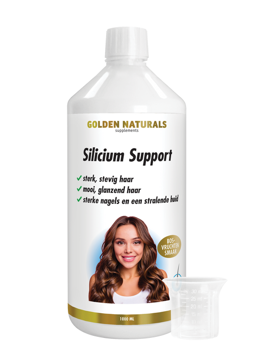 Golden Naturals Silicium Support, wit flesje met goud accent, vrouw met mooi lang haar.