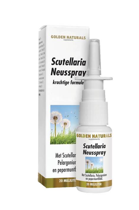 Golden Naturals Scutellaria Neusspray, wit flesje met spraydop, op de verpakking staan klaprozen.