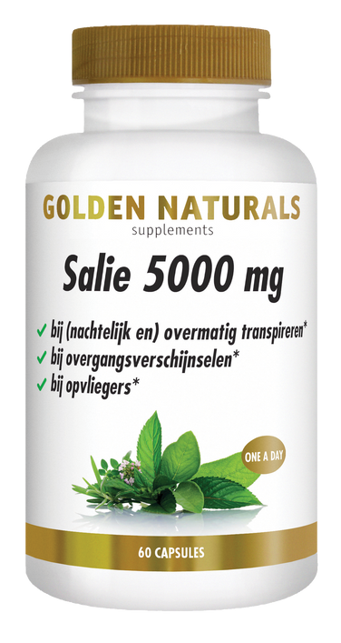 Golden Naturals Salie 5000 mg, 60 capsules, wit flesje met gouden deksel en salie blad.
