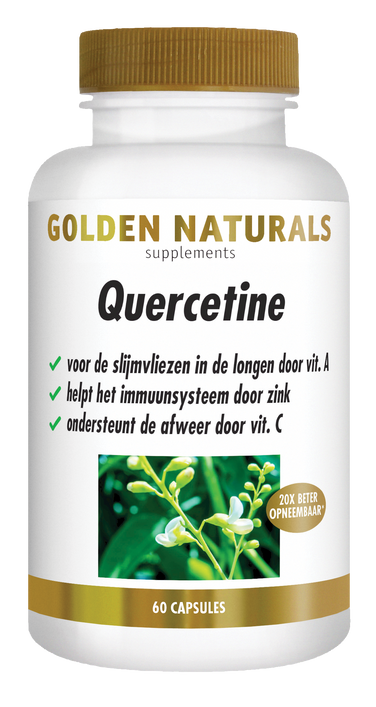 Golden Naturals Quercetine supplementen flesje met 60 capsules, wit met gouden deksel en label.