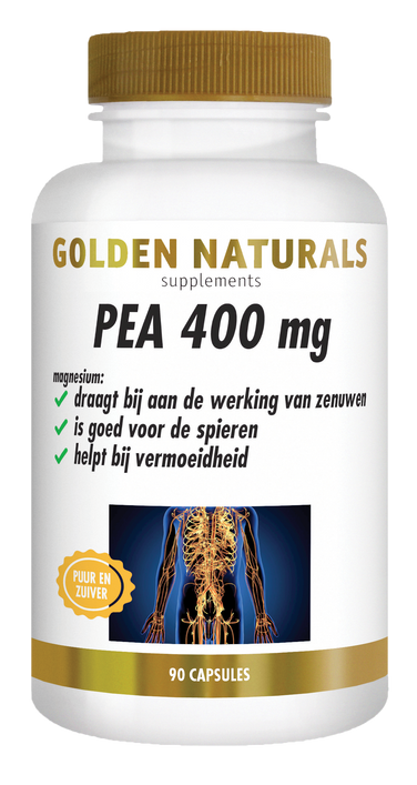 Golden Naturals PEA 400 mg capsules, wit flesje met gouden deksel en etiket.