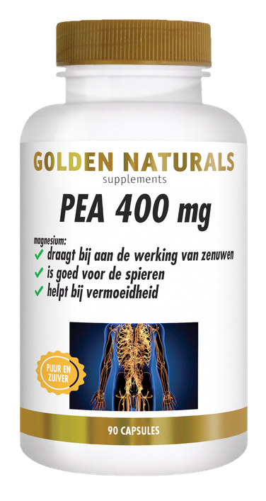 Golden Naturals PEA 400 mg supplement potje met 90 capsules, wit met gouden deksel en label.