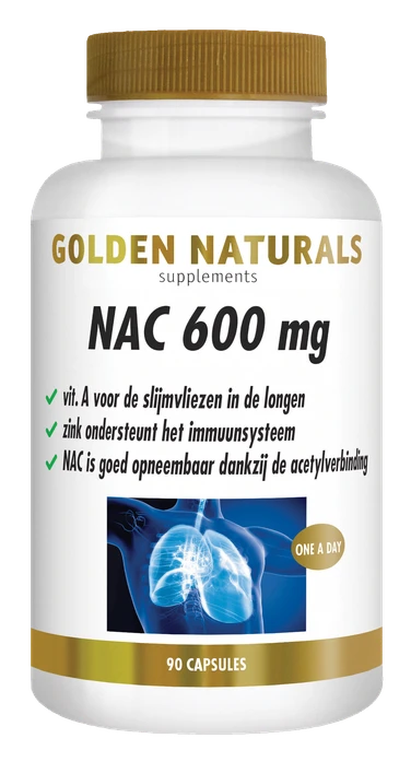 Golden Naturals NAC 600 mg, witte fles met gouden deksel en label, 90 capsules.