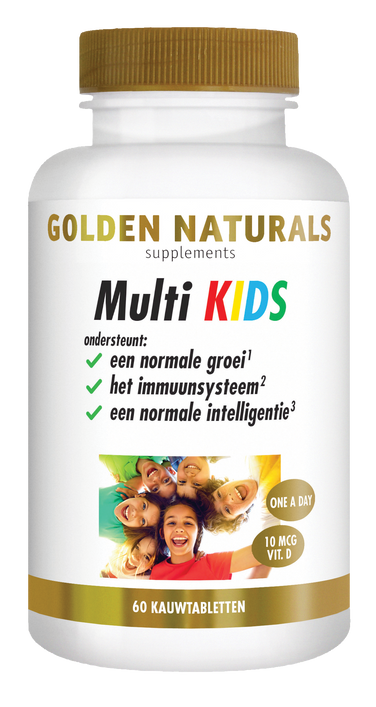 Golden Naturals Multi KIDS vitaminesupplement voor kinderen, witte fles met gouden deksel en etiket.