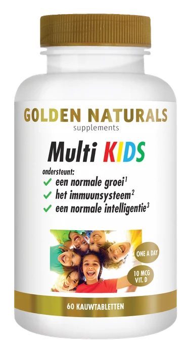 Golden Naturals Multi KIDS vitaminesupplement voor kinderen, witte fles met gouden deksel en etiket.