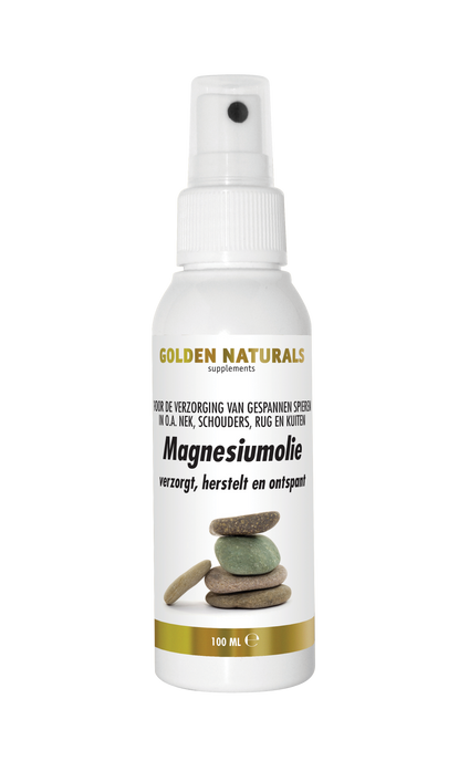 Golden Naturals Magnesiumolie spray, wit met gouden deksel en label met stenen, 100 ml fles.