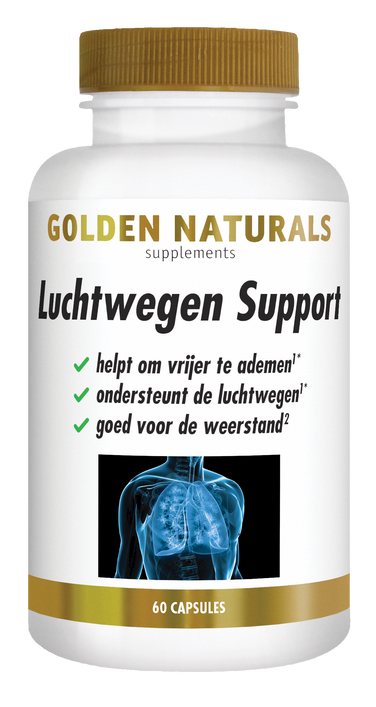Golden Naturals Luchtwegen Support, 60 capsules, wit flesje met gouden deksel en label.