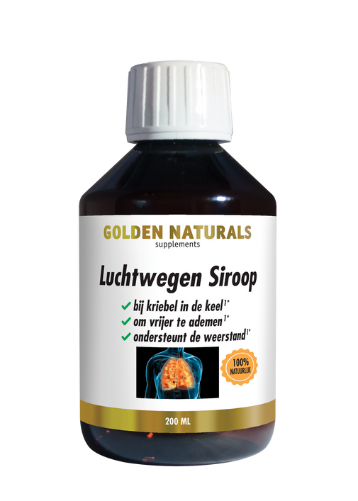 Golden Naturals Luchtwegen Siroop 250ml siroop fles met wit deksel en gouden en zwarte etikettering.