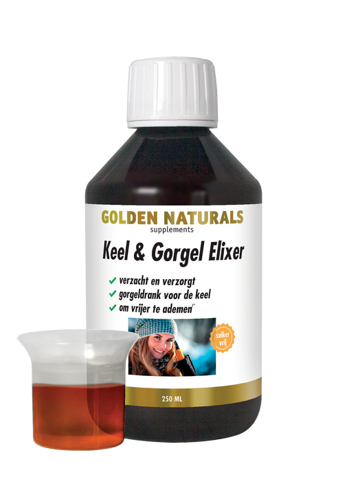 Keel & Gorgel Elixer, Golden Naturals, fles met 250ml donkere vloeistof en meetbeker.