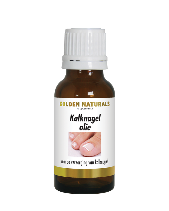 Golden Naturals Kalknagelolie, een olie voor nagelverzorging, bruine fles met wit deksel en gouden details.