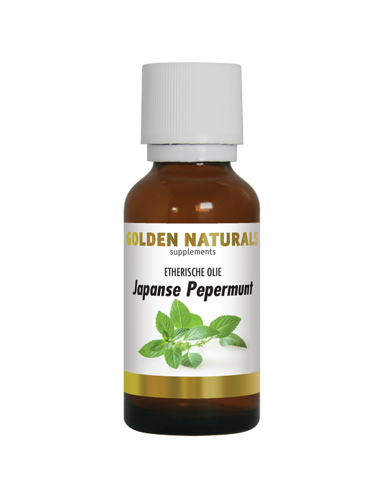 Golden Naturals Japanse Pepermunt olie, bruine fles met witte dop en gouden label.