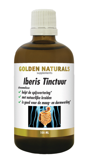 Golden Naturals Iberis Tinctuur fles, bruin glas, wit deksel, 100ml, kruidentinctuur voor spijsvertering.
