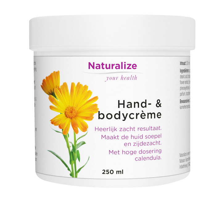 Naturalize Hand- & bodycrème, 250ml, witte pot met gele bloem, zachtmakende crème voor handen en lichaam.