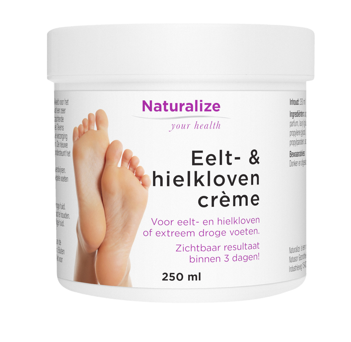 Naturalize Eelt- & hielklovencrème, witte pot met afbeelding voetjes, crème voor droge voeten verzorging.