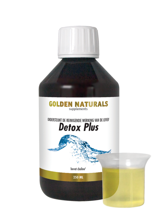 Golden Naturals Detox Plus fles 250ml met wit deksel en gele vloeistof in maatbeker.