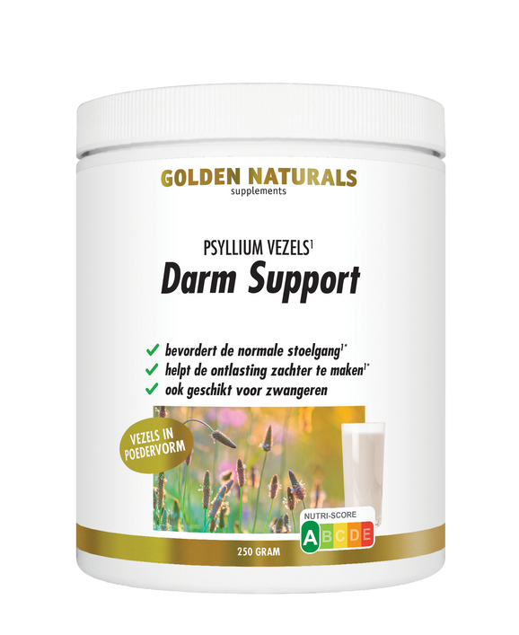 Golden Naturals Darm Support psyllium vezels poeder, wit potje met gouden deksel en etiket.