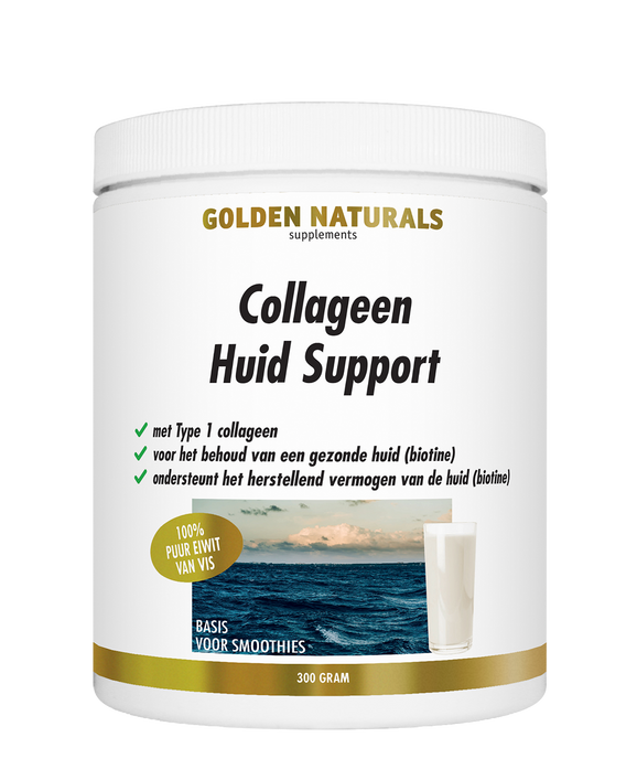 Golden Naturals Collageen Huid Support supplement pot met witte deksel en gouden details.