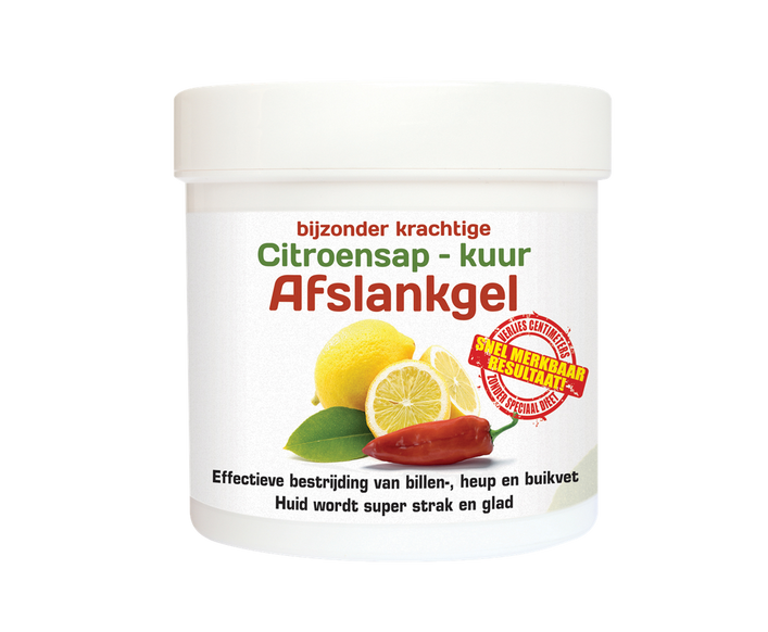 Natusor Citroensap-kuur Afslankgel, wit potje met citroen en groene blad illustratie, krachtige afslankgel voor billen, heup en buikvet.