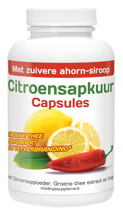 Natusor Citroensapkuur capsules, wit flesje met citroen, groene thee en rode peper illustratie.