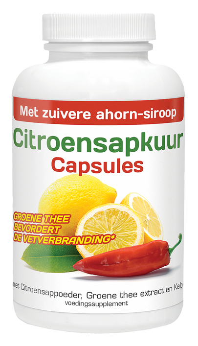 Natusor Citroensapkuur capsules, wit met groene, rode en gele etiketten en afbeeldingen van citroen.