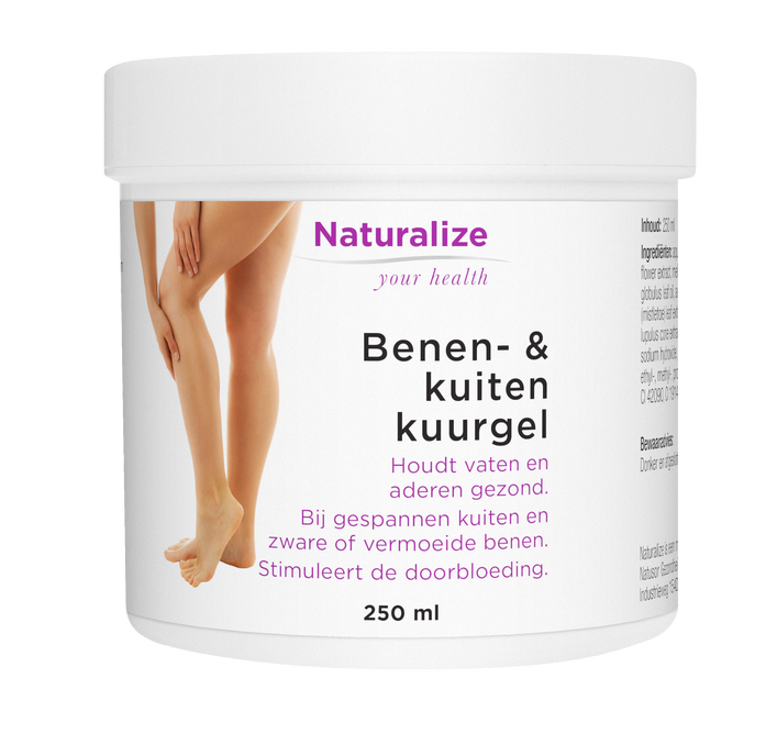Naturalize Benen- & kuitenkuurgel, 250ml, wit pot met vrouwelijke benen en kuiten.