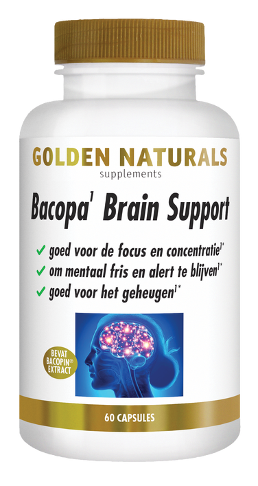 Golden Naturals Bacopa Brain Support supplement pot met 60 capsules, wit met gouden deksel en label.