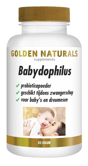 Golden Naturals Babydophilus probioticapoeder, 83 gram, wit potje met gouden deksel en label.