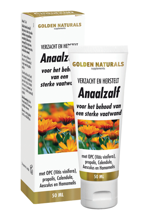 Golden Naturals Anaalzalf, 50ml, witte tube met gouden en zwarte tekst, bloemen afbeelding.