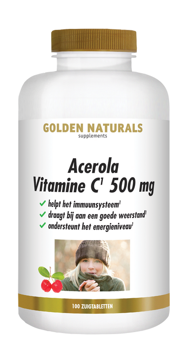 Golden Naturals Acerola Vitamine C 500 mg, wit flesje met gouden deksel en label.