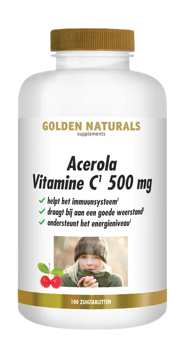 Golden Naturals Acerola Vitamine C 500 mg wit potje met gouden deksel en rode kersen illustratie.