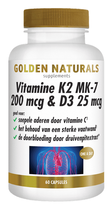 Golden Naturals Vitamine K2 MK-7 200 mcg & D3 25 mcg, 60 capsules, wit en goud.
