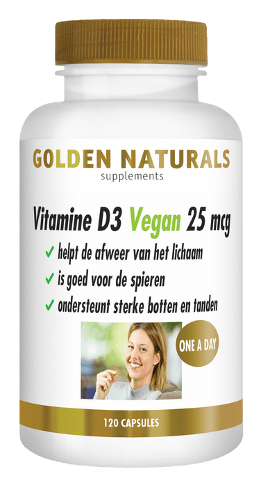 Golden Naturals Vitamine D3 Vegan 25 mcg, witte fles met gouden deksel en 120 capsules.