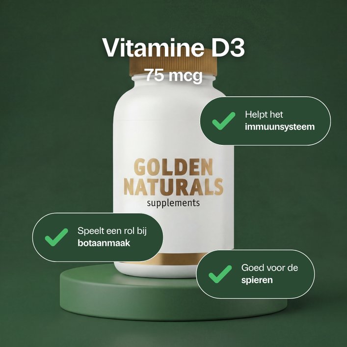 Golden Naturals Vitamine D3 75 mcg supplement fles met cholecalciferol vitamine D3.