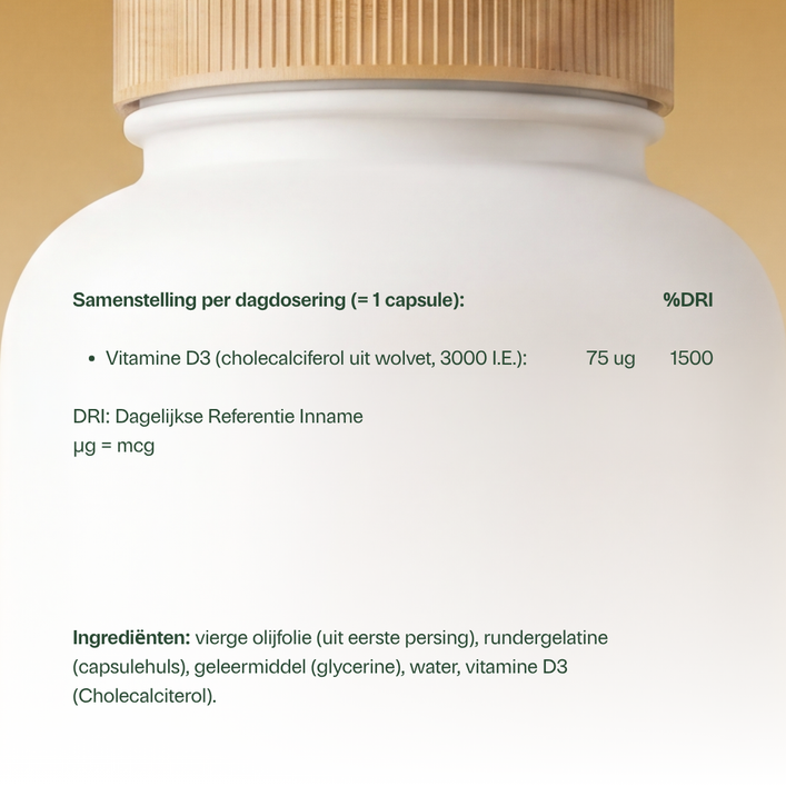 Golden Naturals Vitamine D3 75 mcg, wit flesje met gouden deksel, voedingssupplement.