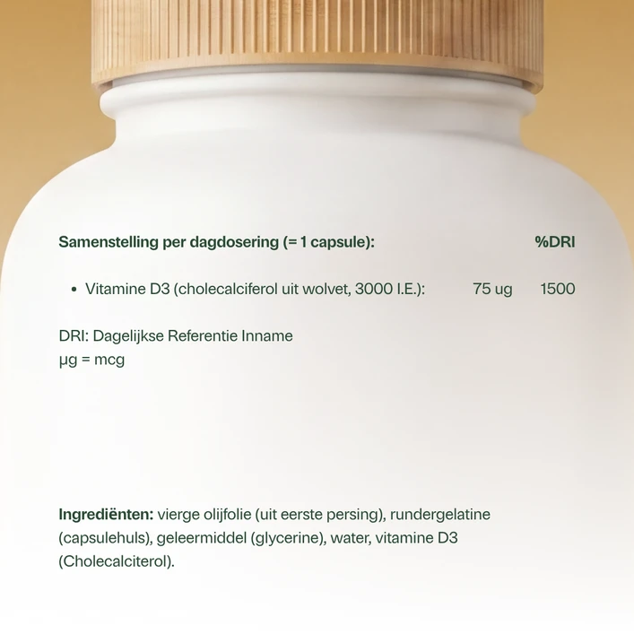 Golden Naturals Vitamine D3 75 mcg supplementfles met lichtbruine deksel en witte fles.